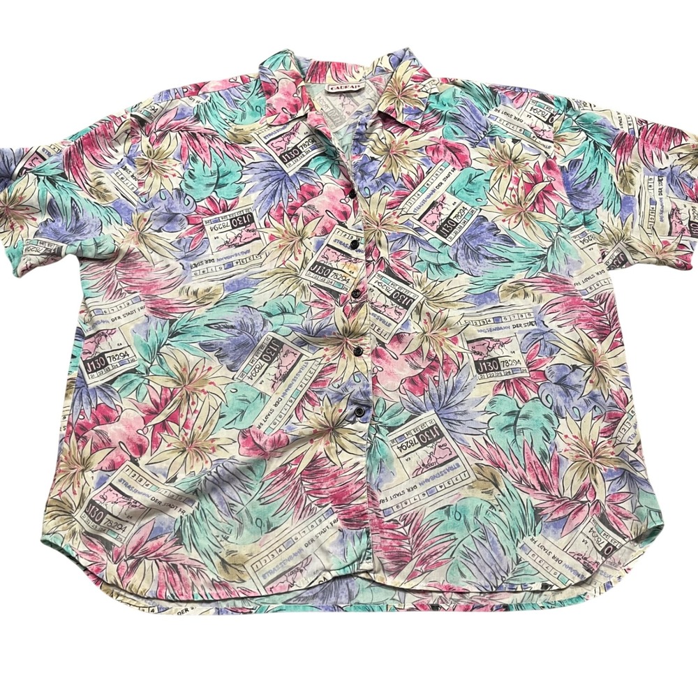 Vintage Tropical Floral German Ticket Print Short Sleeve Button Down Shirt